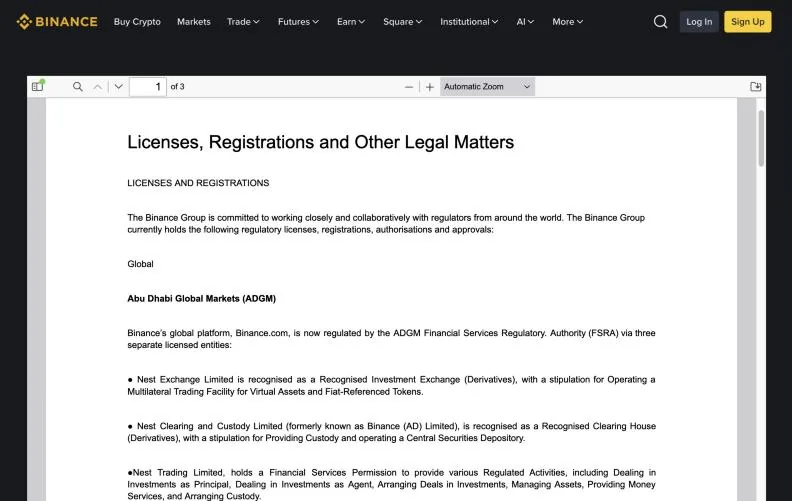 币安官网牌照页内嵌的 PDF 第 1 页：Licenses, Registrations and Other Legal Matters，开头是 Abu Dhabi Global Markets 一段